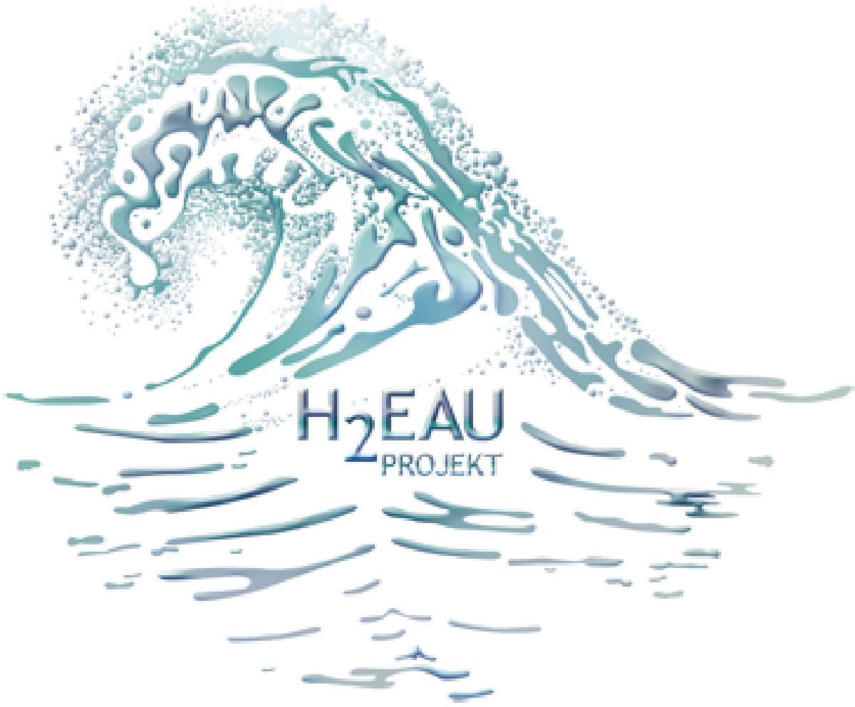 Logo h2eau mit Schriftzug und Welle in Blau