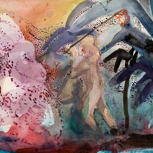 abstrakteres Aquarell- und Tuschebild: rechts eine abstrakte Palme und er Mitte Nackte Figur die etwas fängt und links ein Affendenkmal