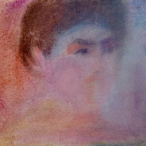 Ölgemälde, Portrait eines Jungen dessen Gesicht ab der Nase mit dem rot violetten Hintergrund verschmilzt