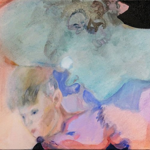 Porträt einer türkisfarbenen Frau und Junge mit blonden Haaren, Öl auf Leinwand