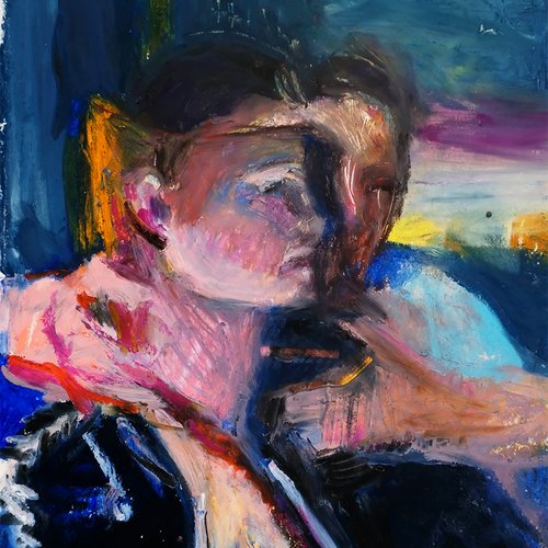 Portrait Mann Profilansicht im Hintergrund abstraktes Portrait anderer Person, Ölkreide